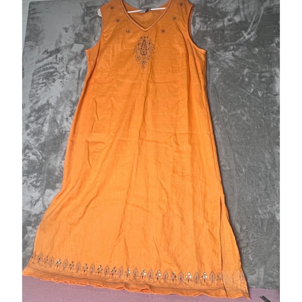 JL Studio Linen Dress Women 18W Petite Yellow Beaded Sleeveless V-Neck Side Slit